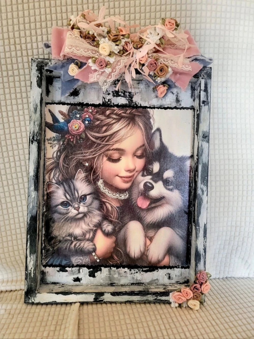 Floral Framed Art Decor in Pink & Blue